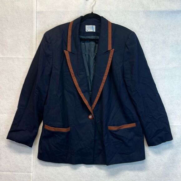 PENDLETON Blazer Jacket Womens 20 Navy Blue Brown Trim 100% Wool Single Button - Picture 1 of 13